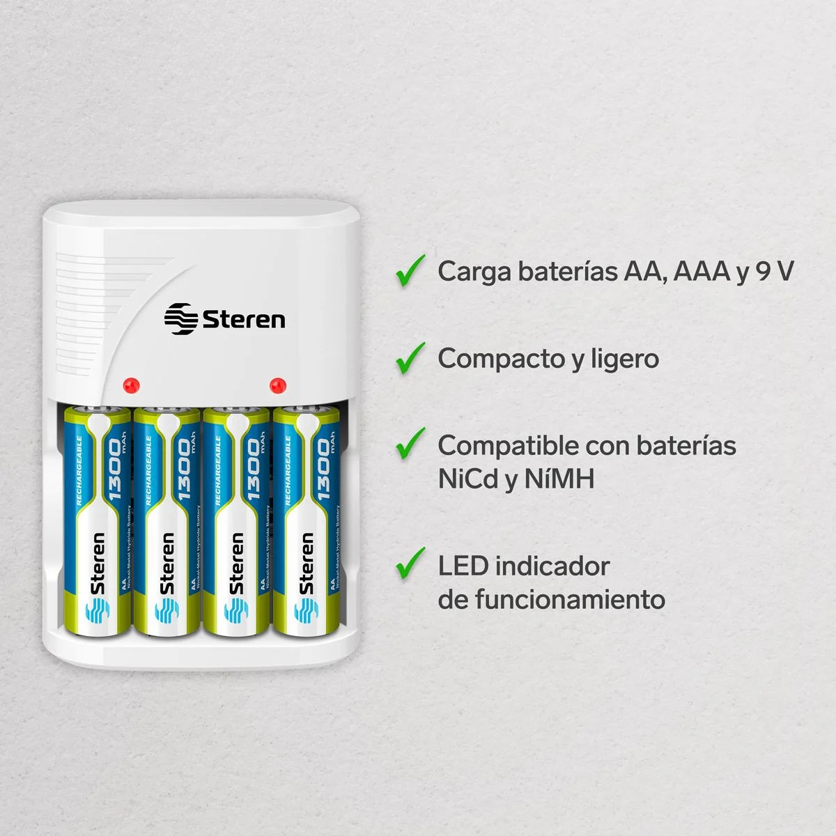 Cargador de pilas "AA, AAA y 9V". Incluye 4 pilas AA
