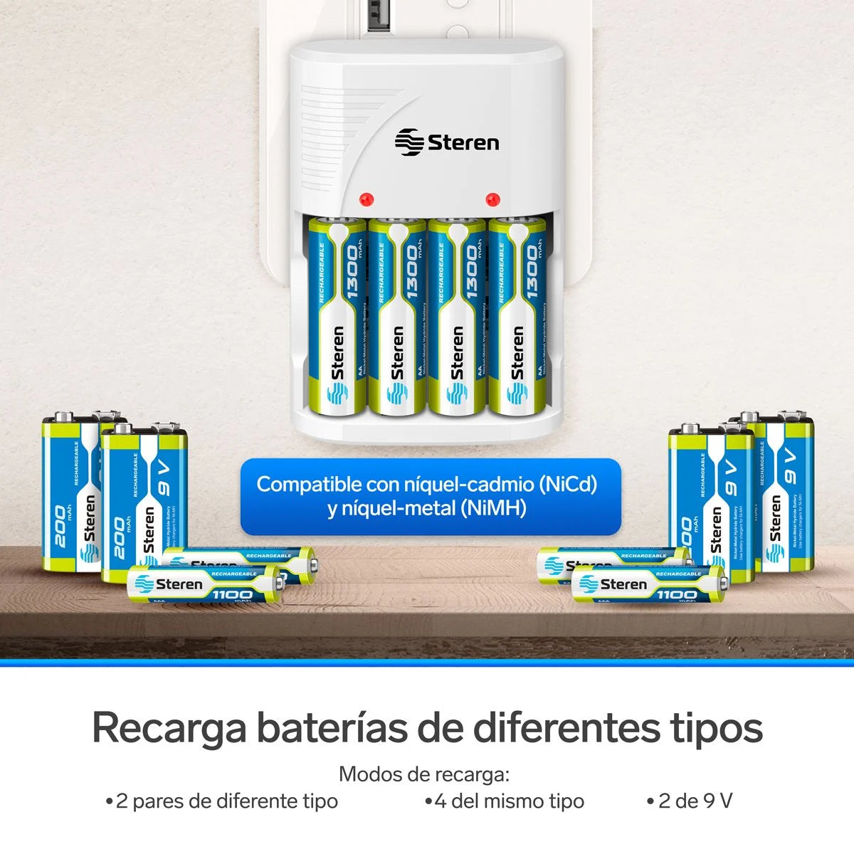 Cargador de pilas "AA, AAA y 9V". Incluye 4 pilas AA