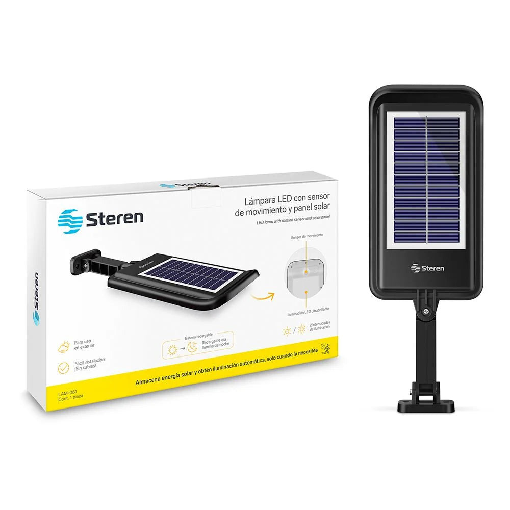 Lámpara LED con sensor de movimiento, panel solar y batería recargable