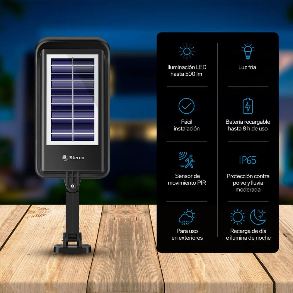 Lámpara LED con sensor de movimiento, panel solar y batería recargable