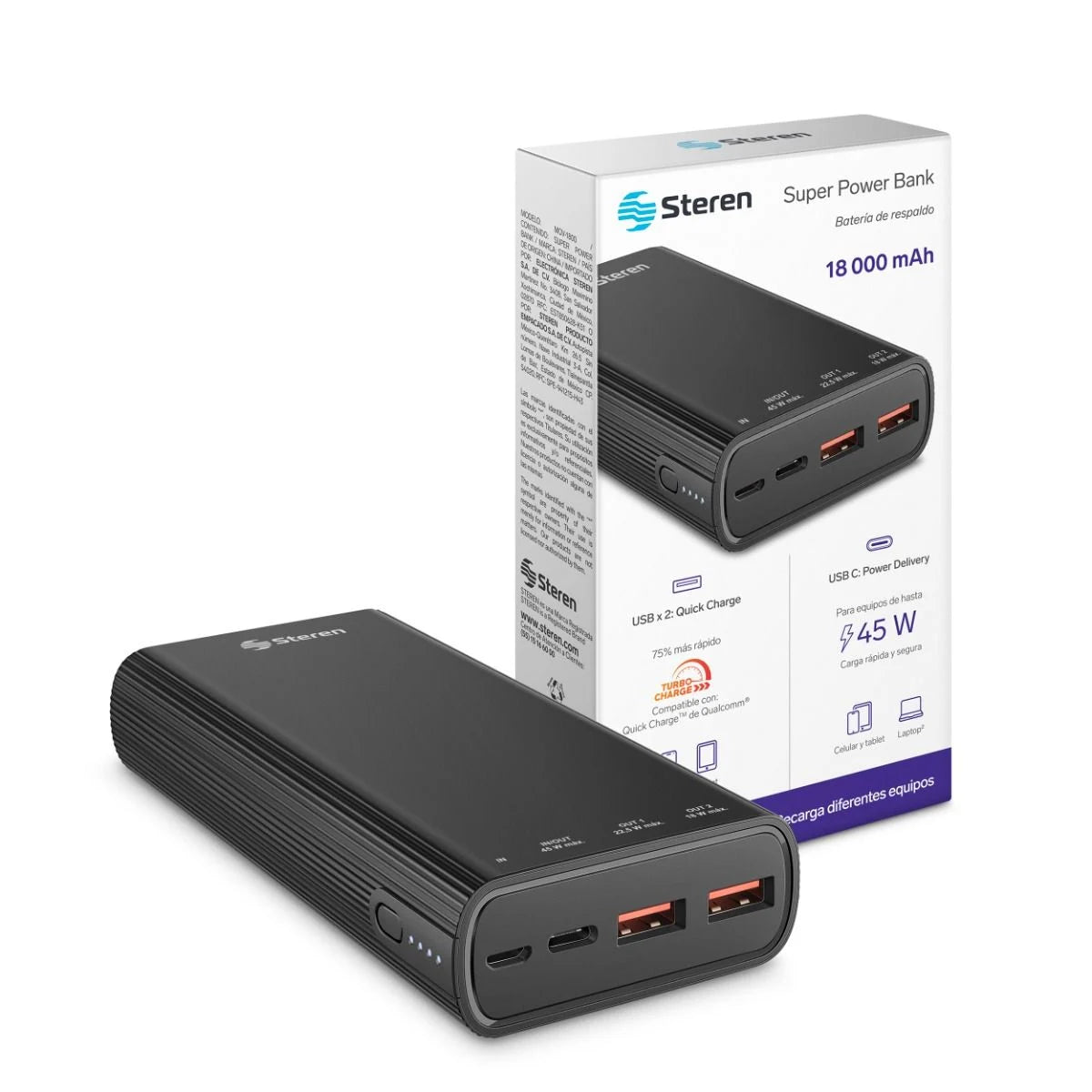 Power Bank de 18,000 mAh PD 45 W / QC 22,5 W con 1 salida USB C y 2 salidas USB