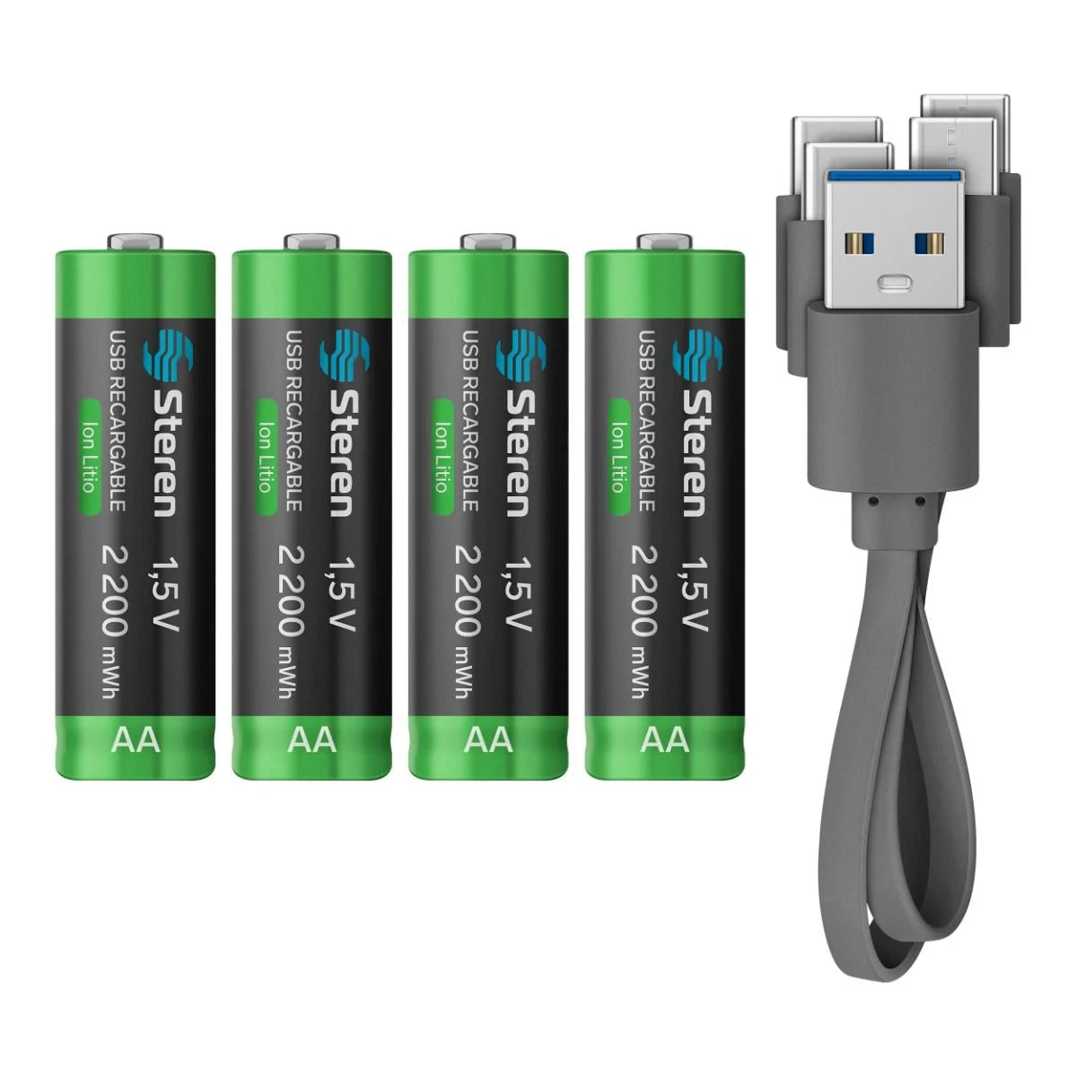 4 baterías recargables USB Li-Ion tipo AA, de 2200 mWh