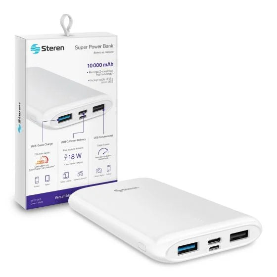 Power Bank / Banco de Energía de 10,000 mAh PD 18 W / QC 18 W con 1 salida USB C y 2 salidas USB