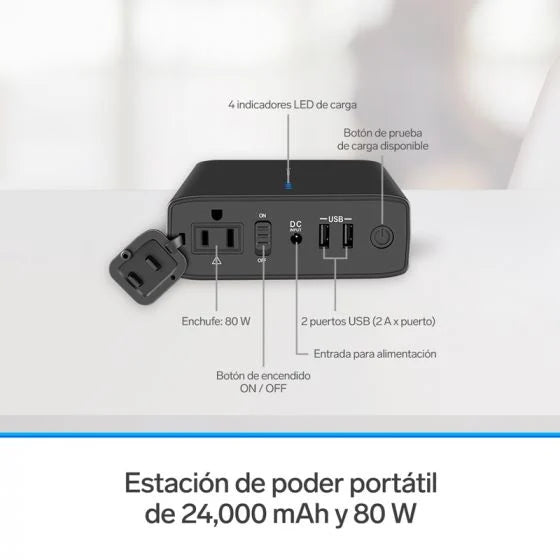 Estación de poder portátil de 24,000 mAh con inversor de corriente de 80 W (110 Vca)